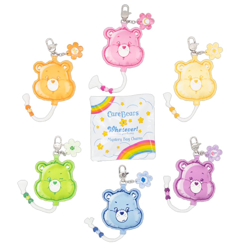 An officially licensed collection of six Care Bears face balloon-shaped mystery coin bag charm keychains in various colors
