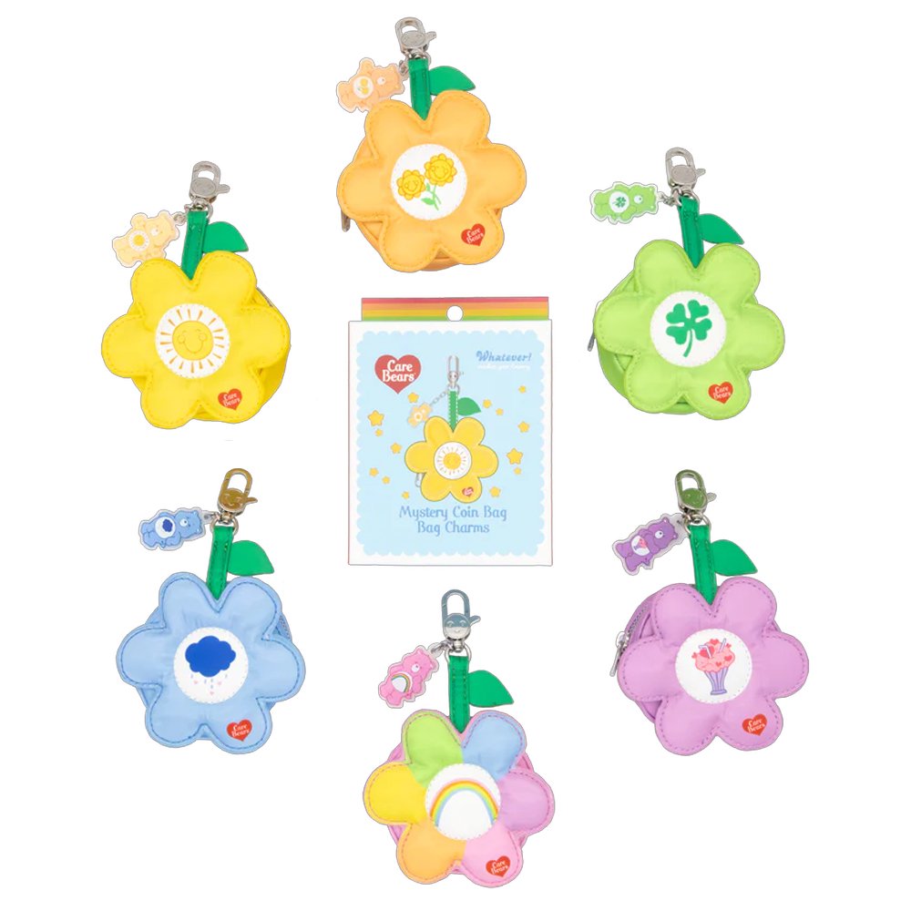 An officially licensed collection of six Care Bears flower-shaped mystery coin bag charm keychains in various colors