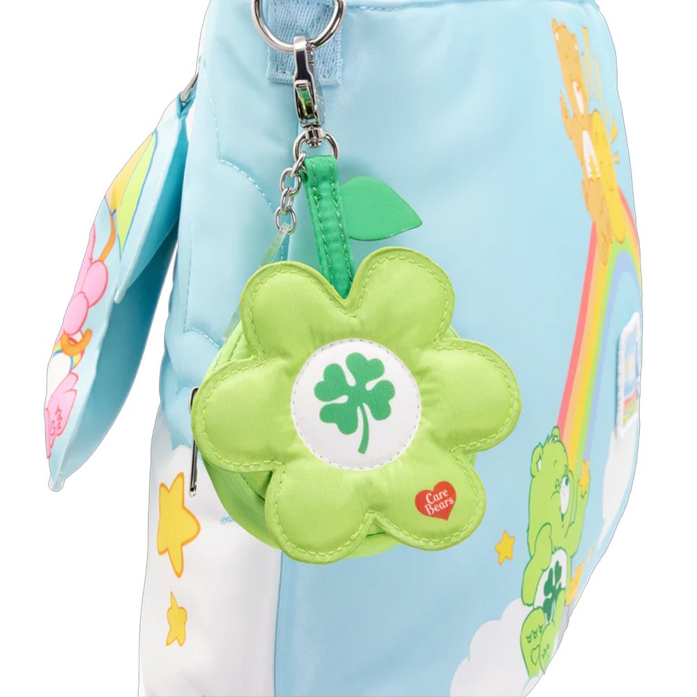 An officially licensed collection of six Care Bears flower-shaped mystery coin bag charm keychains in various colors