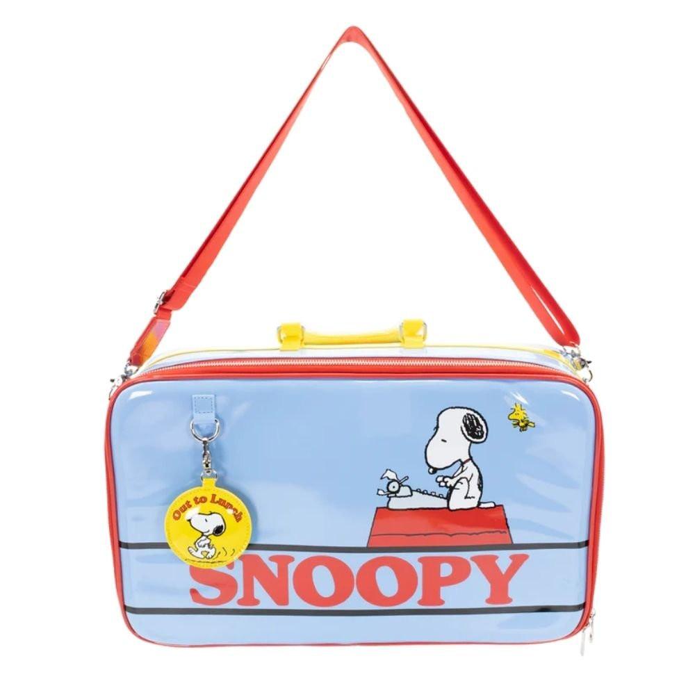 A retro-style light blue Snoopy laptop bag or briefcase featuring Snoopy and Woodstock, finished with a yellow top handle and an "Out to Lunch" small charm attached
