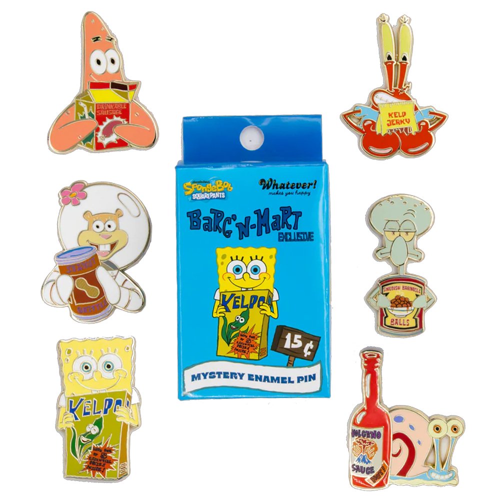 An officially licensed collection of six SpongeBob SquarePants mystery grocery items themed bag charms, such as kelp cereal box, drinkable sausage in a milk box, and seanut brittle in a can