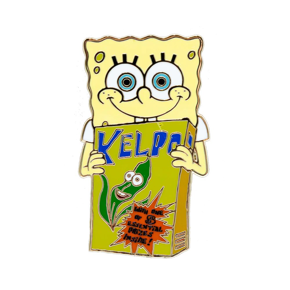 An officially licensed collection of six SpongeBob SquarePants mystery grocery items themed bag charms, such as kelp cereal box, drinkable sausage in a milk box, and seanut brittle in a can
