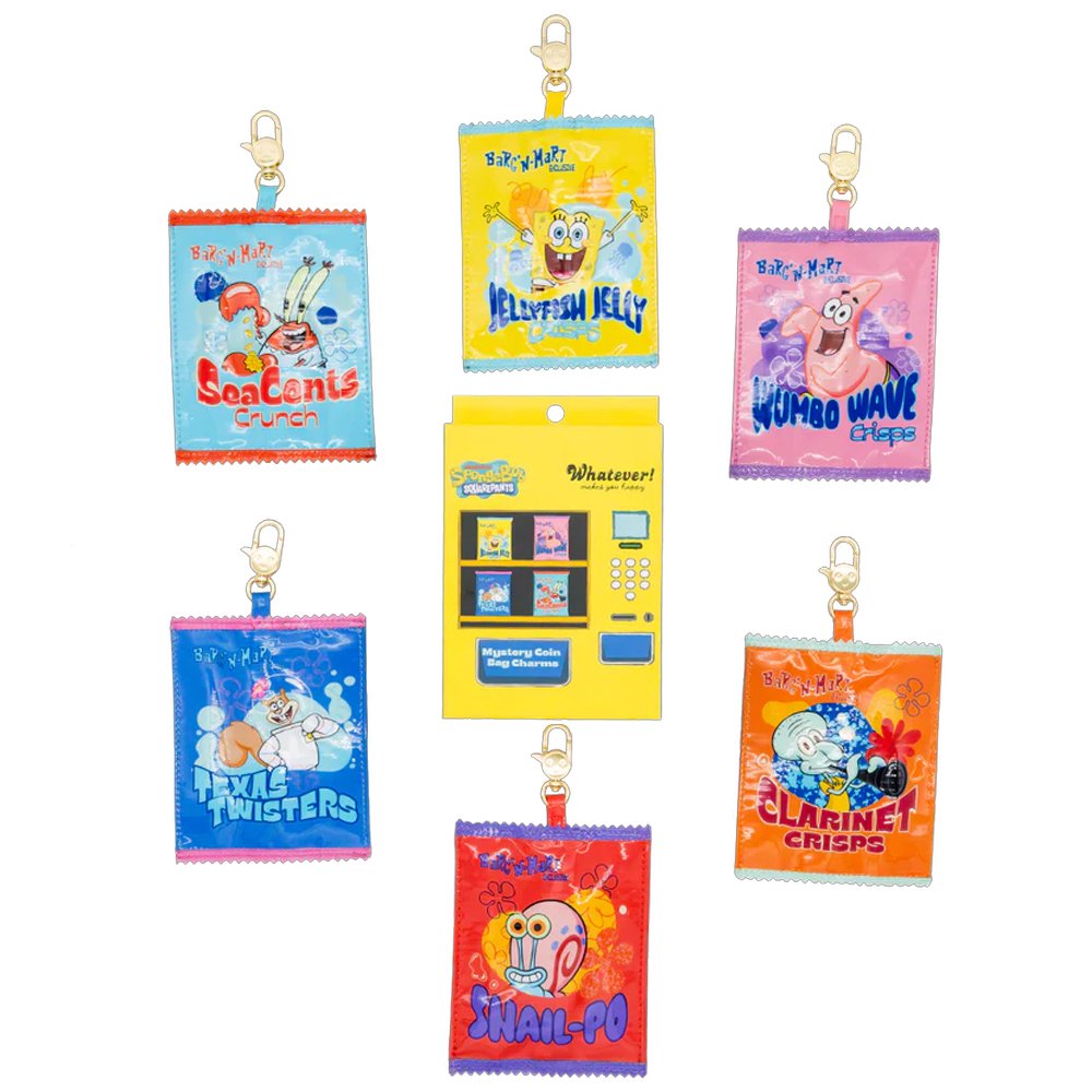 An officially licensed collection of six SpongeBob SquarePants mystery snack-themed coin bag charms, such as Sea Cents Crunch and Snail-Po, arranged around a yellow vending machine-style package