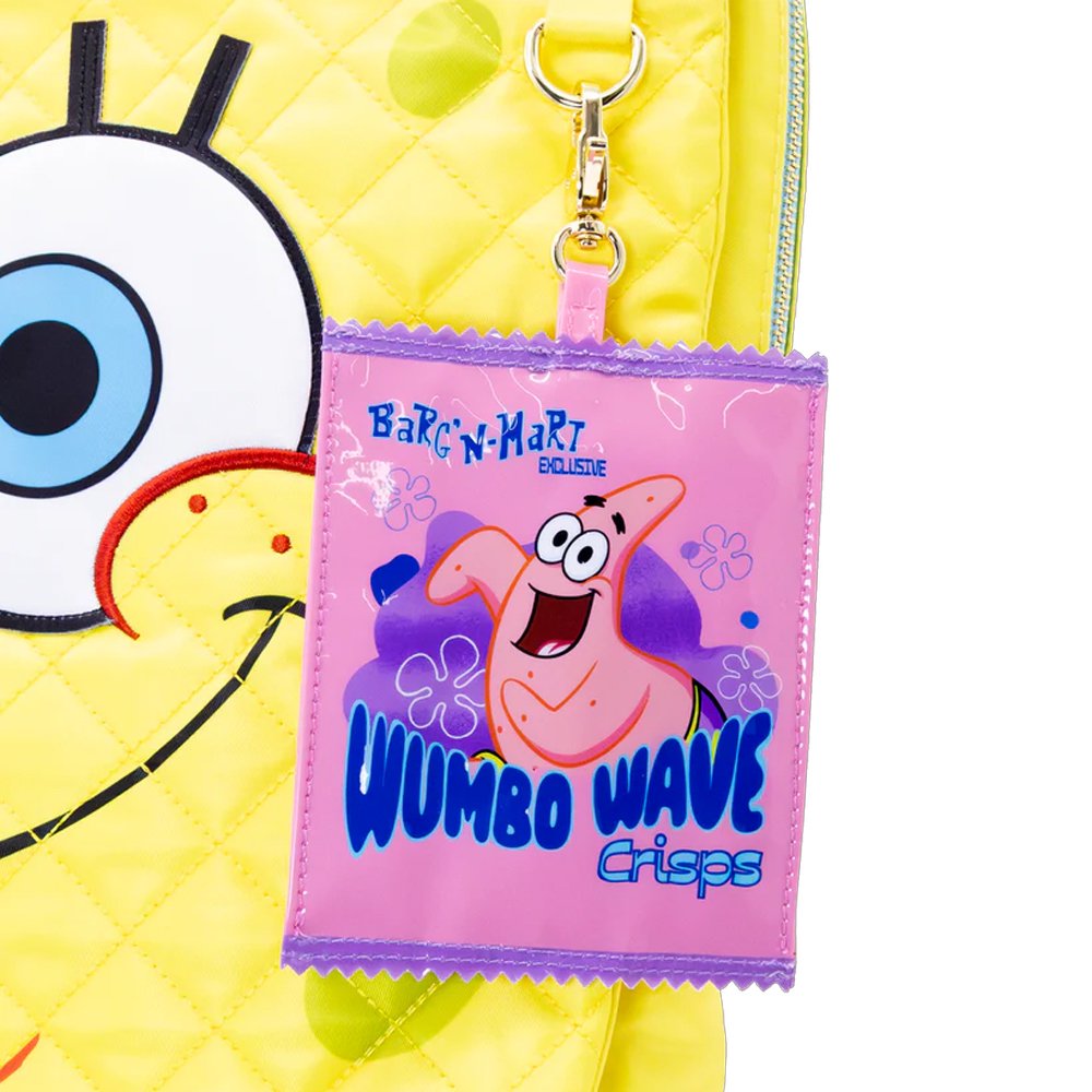 An officially licensed collection of six SpongeBob SquarePants mystery snack-themed coin bag charms, such as Sea Cents Crunch and Snail-Po, arranged around a yellow vending machine-style package