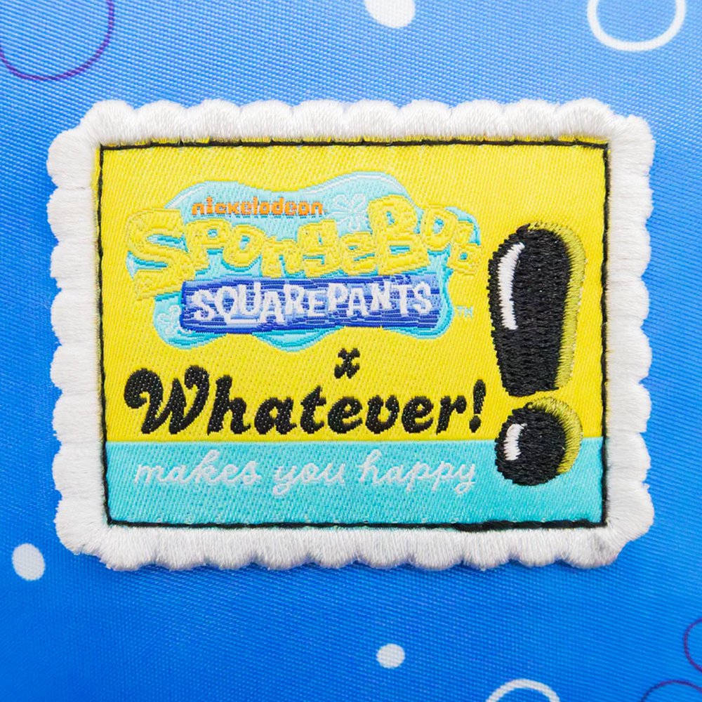 An officially licensed blue SpongeBob SquarePants Barg'N-Mart collapsible and reusable shopping bag featuring SpongeBob, Patrick, and Squidward