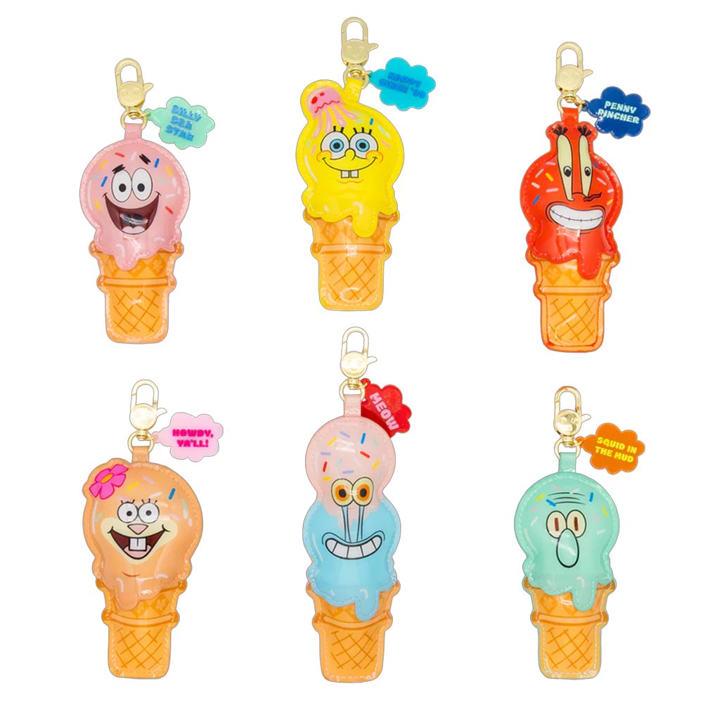 An officially licensed collection of six SpongeBob SquarePants characters reimagined as melting ice cream cone scented bag charm keychains in various pastel colors