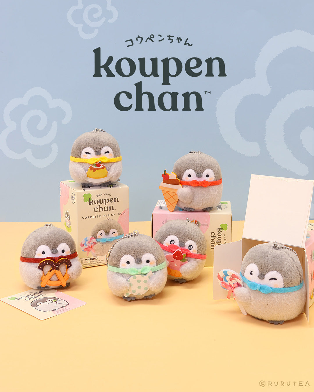 An Official Spiralcute licensed Koupen Chan surprise plush blind box unboxing scene displaying six miniature penguin stuffed toys with different sweets next to their opened pink packaging boxes, designed for adult collectors seeking a workplace healing experience.