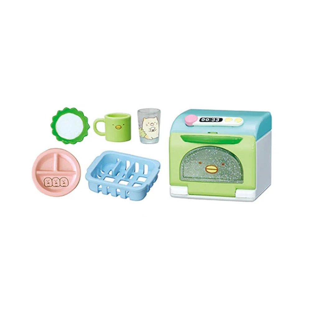 Set of colorful Sumikko kitchen items including a microwave, cup, basket, and container on a white background.