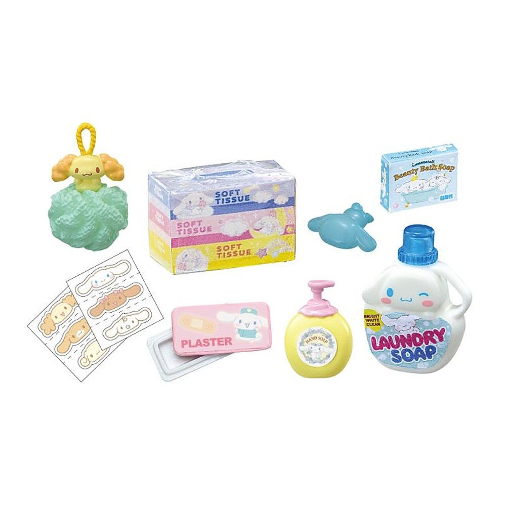 Set of Cinnamoroll small toy items including soft tissue, laundry soap, and other bathroom accessories on a white background.