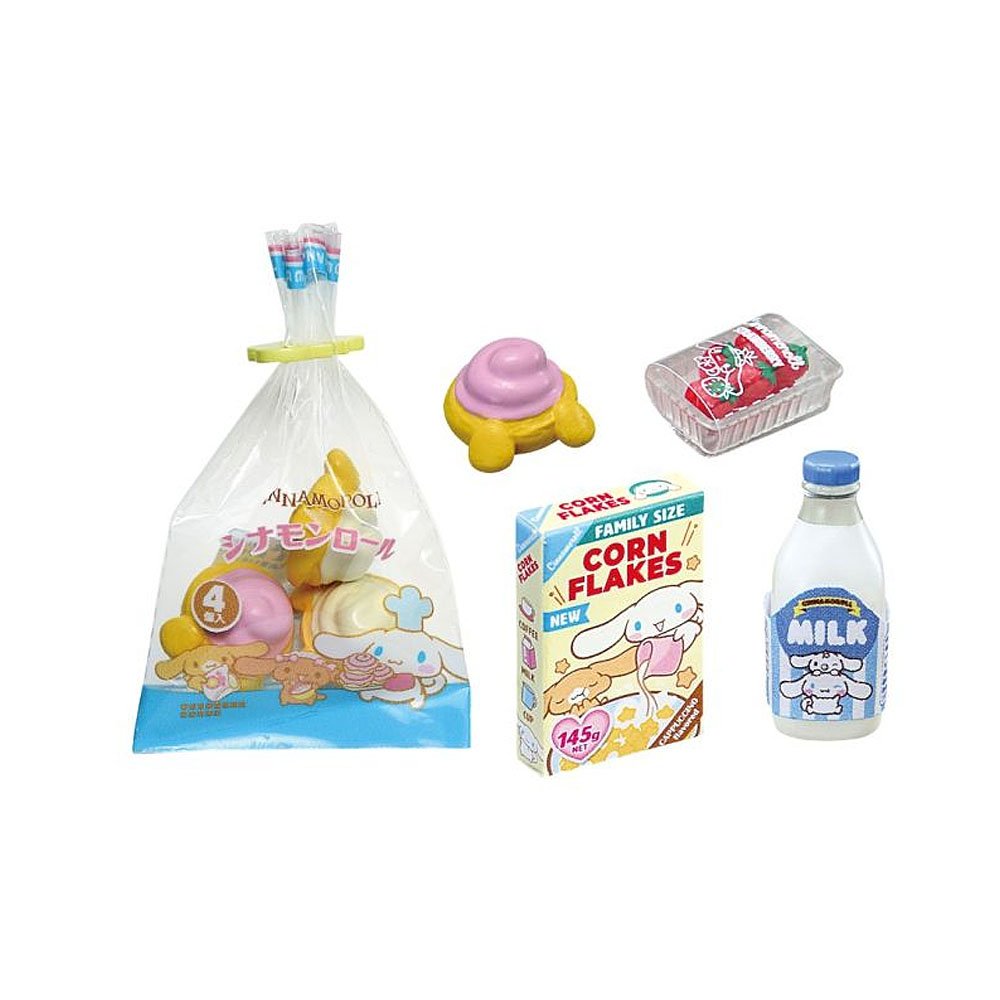 Cinnamoroll Collection of toy food items including a bag, corn flakes box, milk bottle, and other toys on a white background.