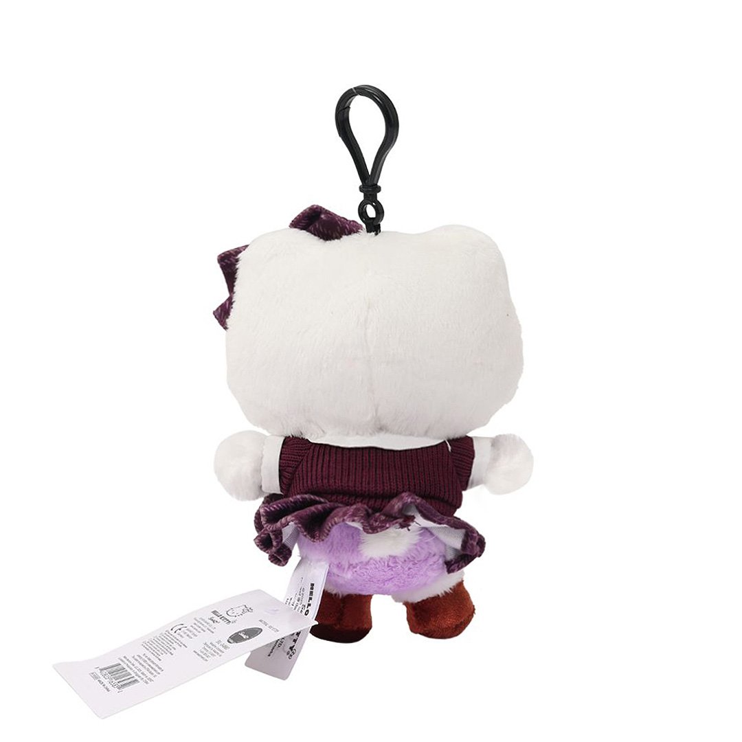 Officially licensed Hello Kitty bag clip plush doll wearing a maroon and plaid school uniform, featuring a large matching plaid bow and reddish-brown velvet feet. Perfect size to attach to your backpack, bag, purse, car, or pants. Ideal collectible toy for fans and Sanrio enthusiasts.