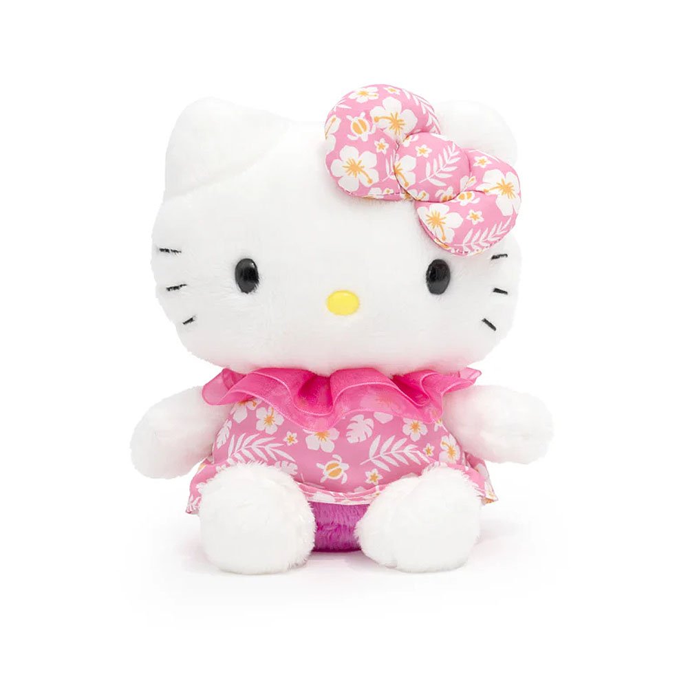 Hello Kitty Plush toy of a character with a floral bow and dress on a white background