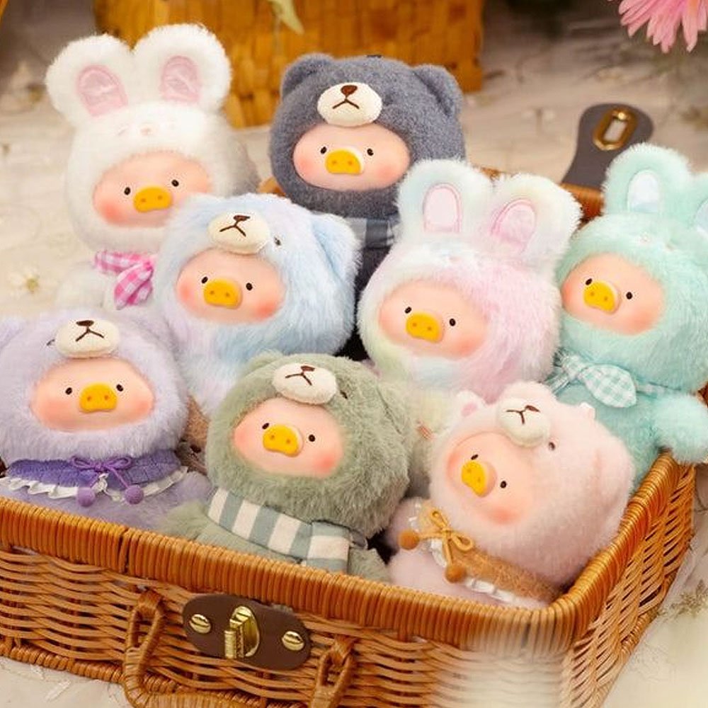 Collection of colorful plush toys in a woven basket
