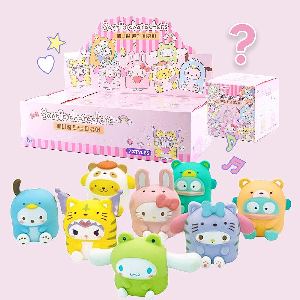 Collection of colorful Sanrio character figurines with packaging on a pink background