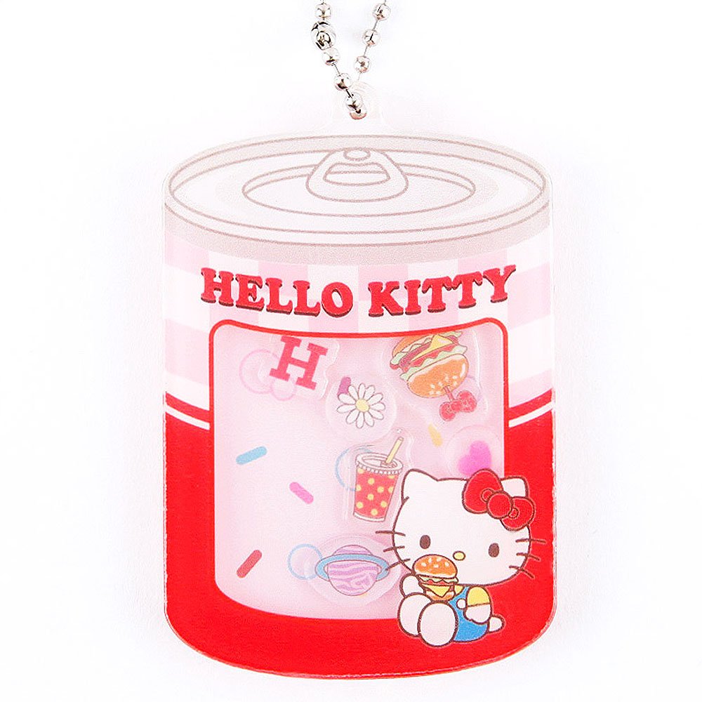 Hello Kitty-themed can-shaped keychain with character and graphics on a white background