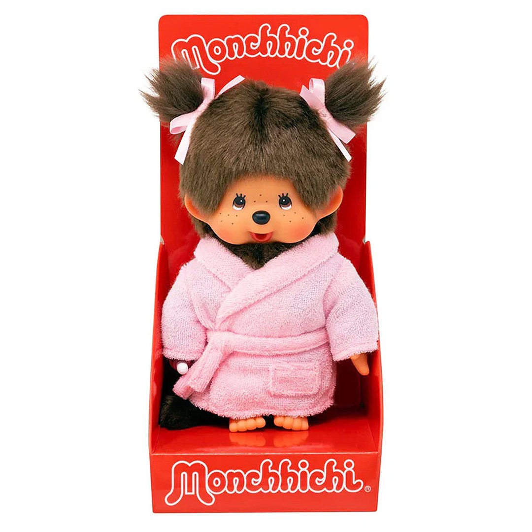 Collectible Gift Idea: Boxed Monchhichi doll wearing a cute pink Bathrobe , perfect for display on shelves.