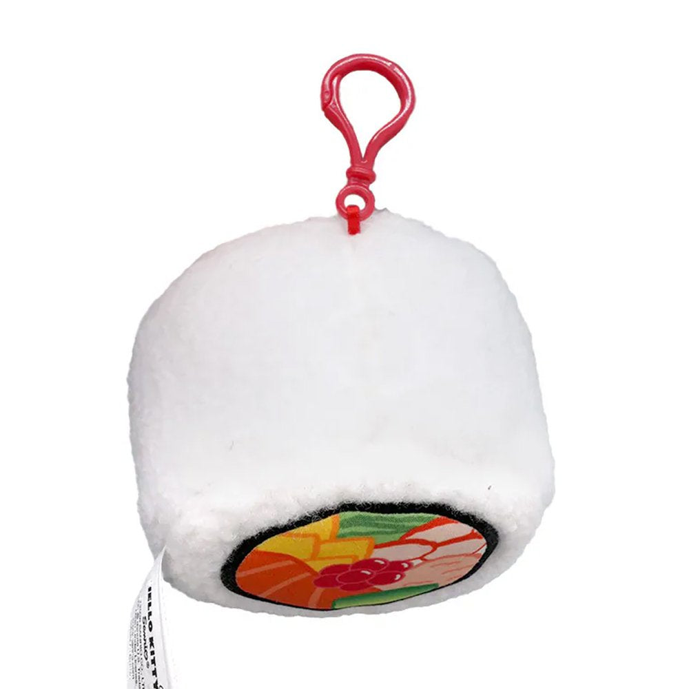 An officially licensed Sanrio Hello Kitty sushi plush keychain shaped like a round sushi roll with white sherpa fabric. The top features a printed sushi filling design, and the side includes Hello Kitty's face and a 3D red bow with a red plastic clip attached.