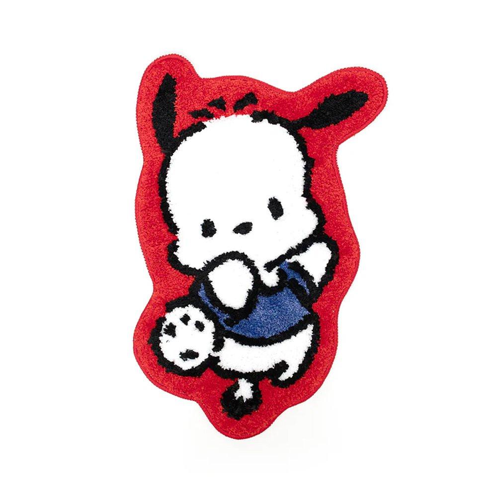 A die-cut floor mat featuring the Sanrio character Pochacco in a playful pose, predominantly red with a white character design, binding details, and a non-slip black backing.
