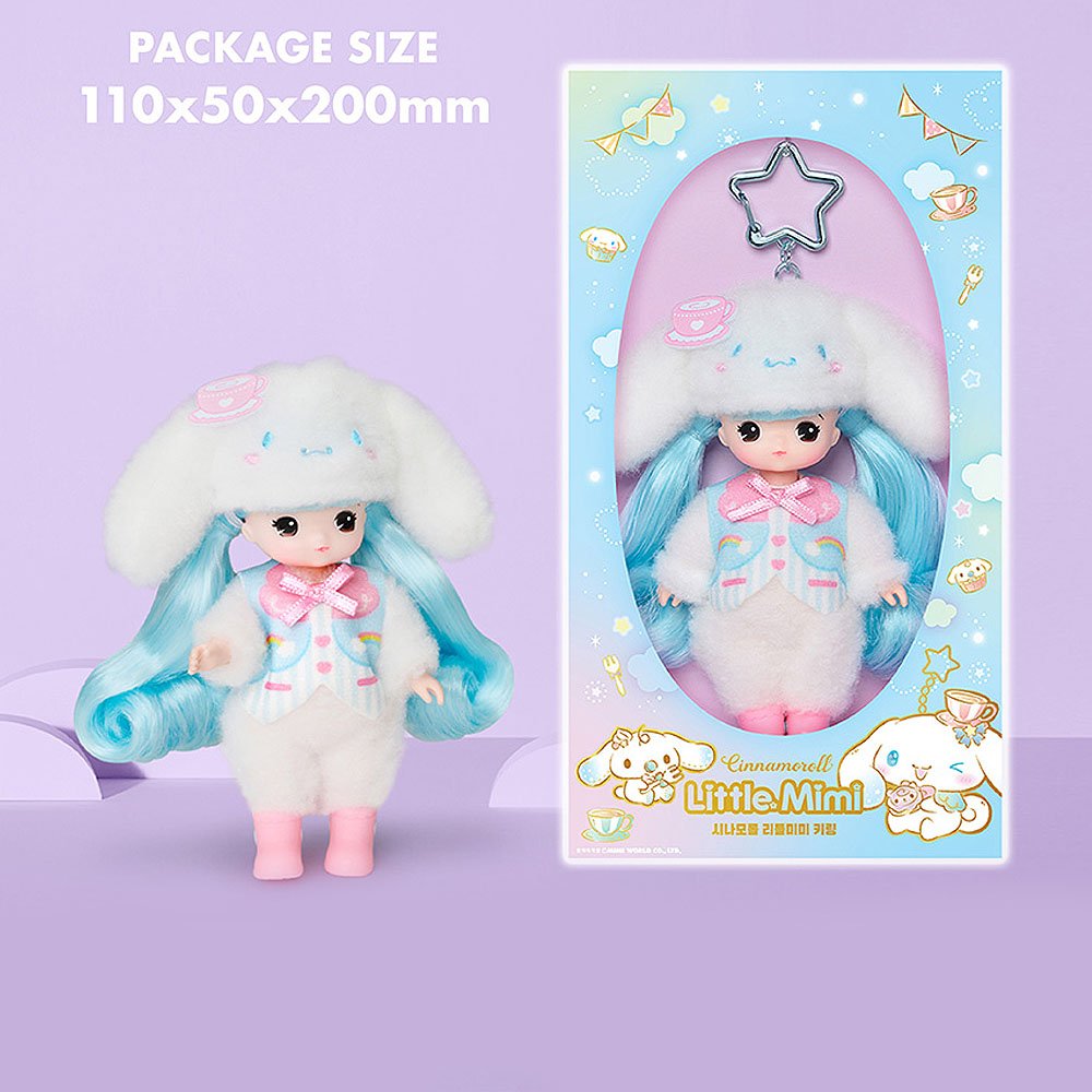 Cinnamoroll Little Mimi doll with packaging on a purple background