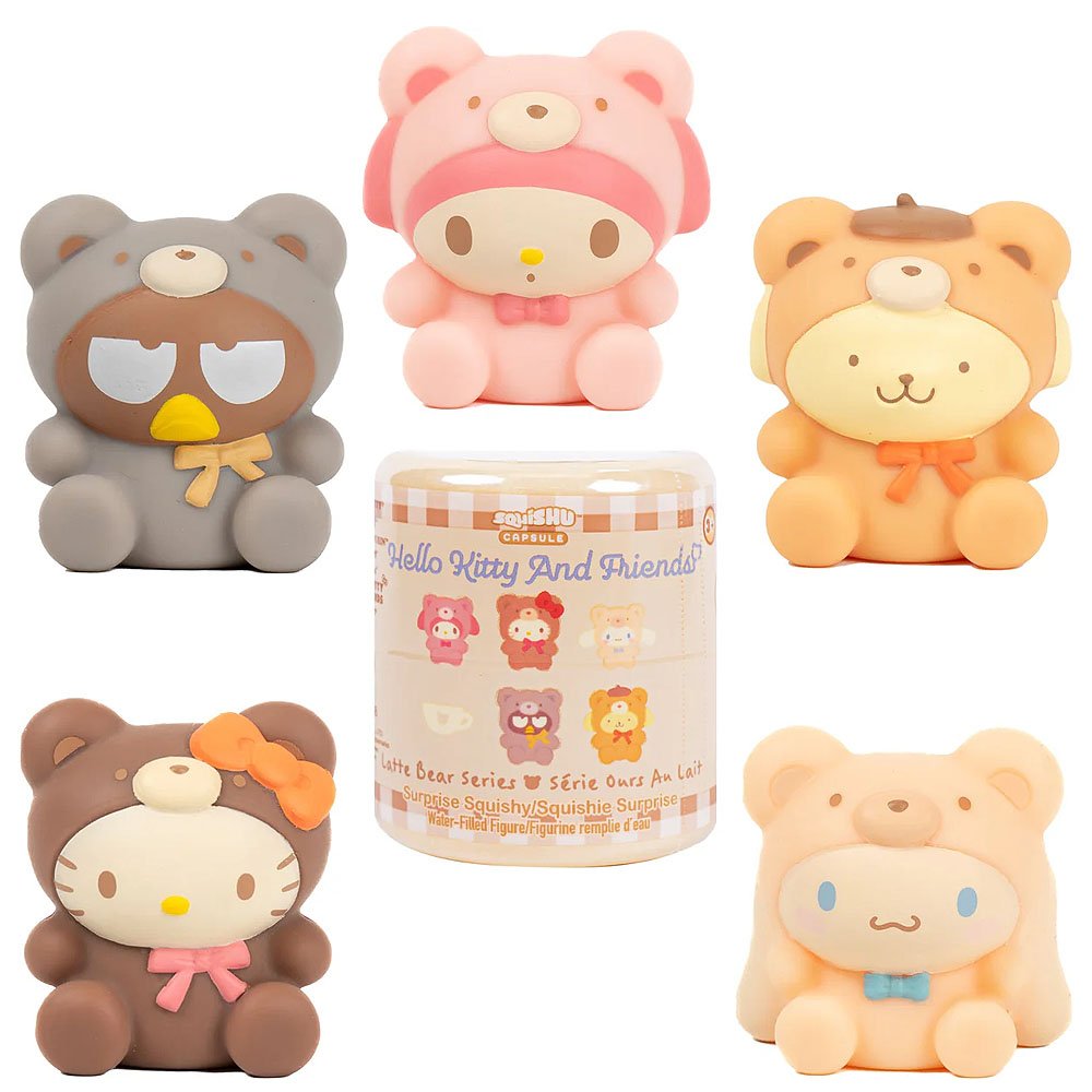 Collection of Hello Kitty and Friends bear figurines with a container in the center.