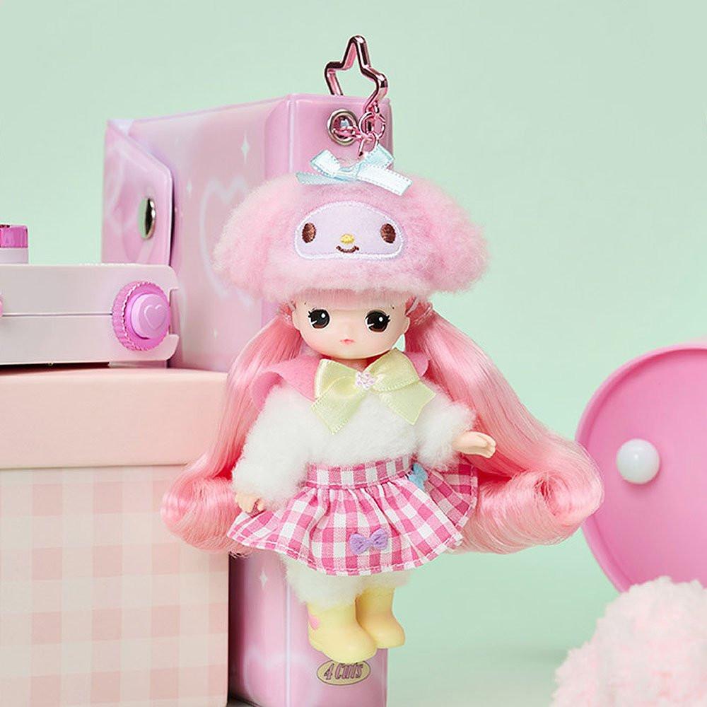 My Melody x Mimi doll with pink hair and checkered skirt in a pink and white setting
