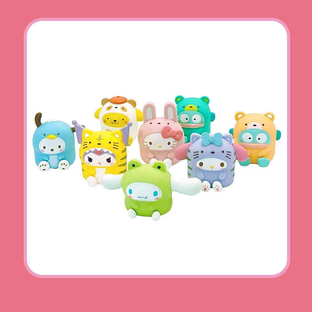 Set of colorful cartoon animal theme Sanrio figurines on a white background with pink border