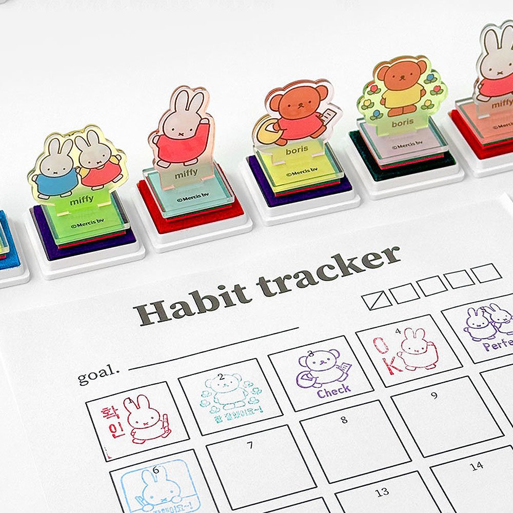 Habit tracker with Miffy and Boris character stickers on a white background