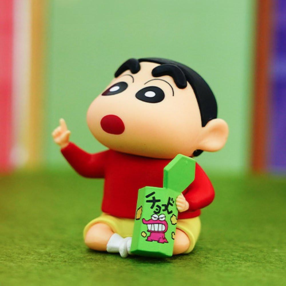 Cute Crayon Shin-chan toy sitting with raised finger and snack box