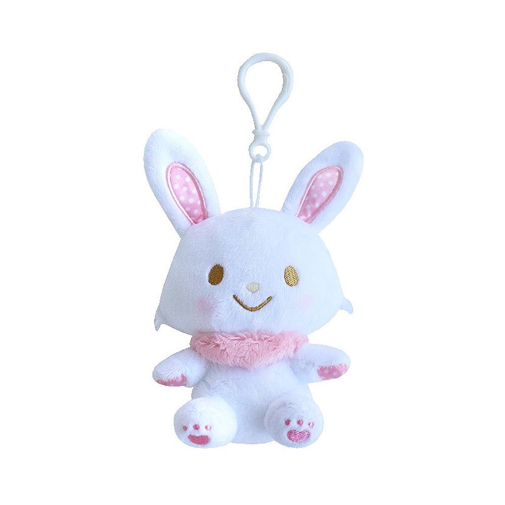 A clip-on plush toy resembling a white Sanrio Wish Me Mell with pink details, wearing a pink scarf, designed to be attached to bags or other items.