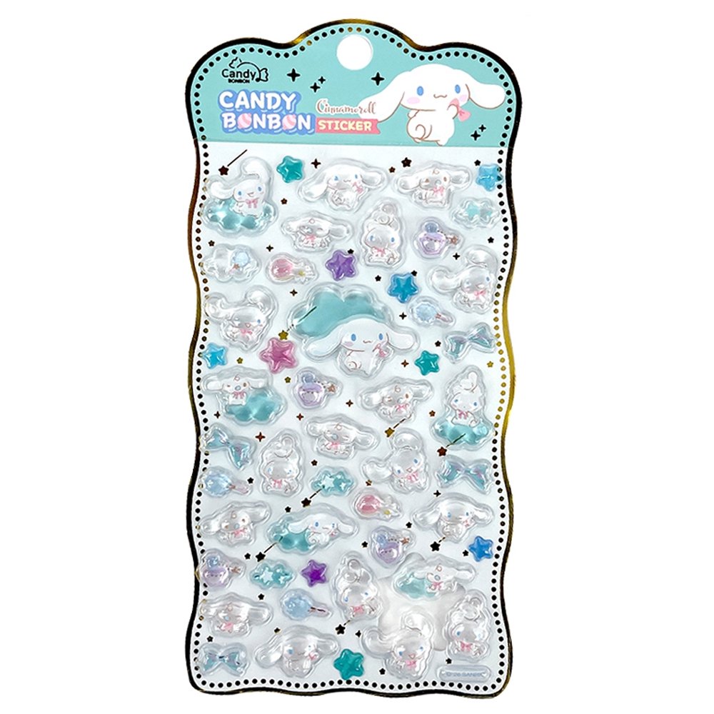 Four colorful sheets of officially licensed Sanrio Candy Bonbon sticker packs, featuring raised, 3D epoxy stickers of Cinnamoroll, Hangyodon, Chococat, and Usahana