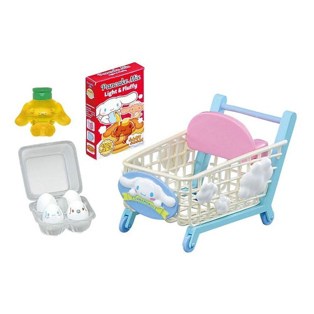 Set of Cinnamoroll toy kitchen items including a shopping cart, eggs, pancake mix, and a bottle on a white background.