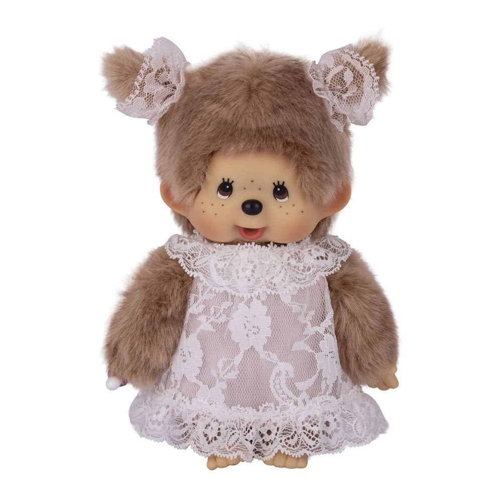 Monchhichi Beige Girl with White Lace Dress 8" Plush