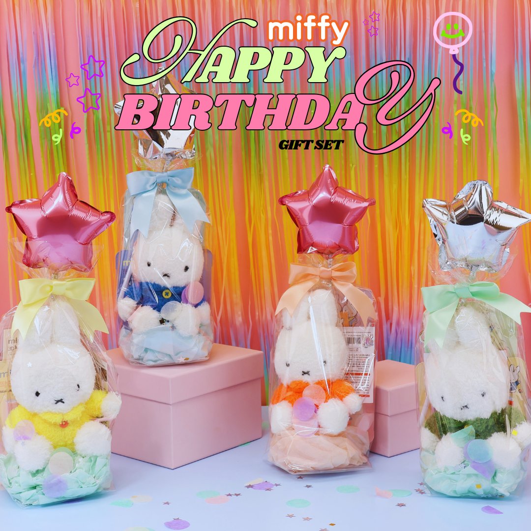 A collection of Miffy-themed birthday gifts including plush keychains, mini notebooks, metal deco stickers, a cake topper, and a letter set, all packaged with a 'Happy Birthday' theme.
