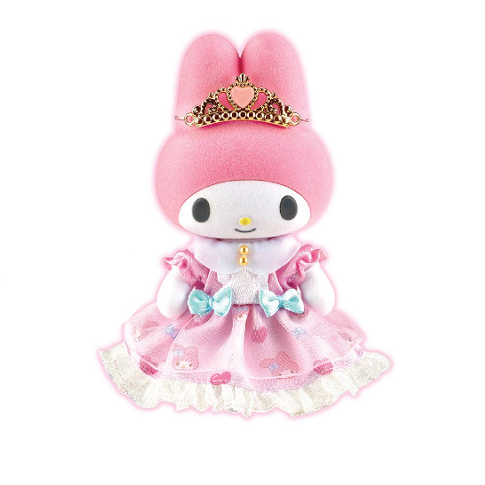 Sanrio My Melody Flocky Doll, a plush toy with intricate lace details, a removable outfit, and a sparkling tiara. The doll is pink with white and blue accents and is posed in a sitting position