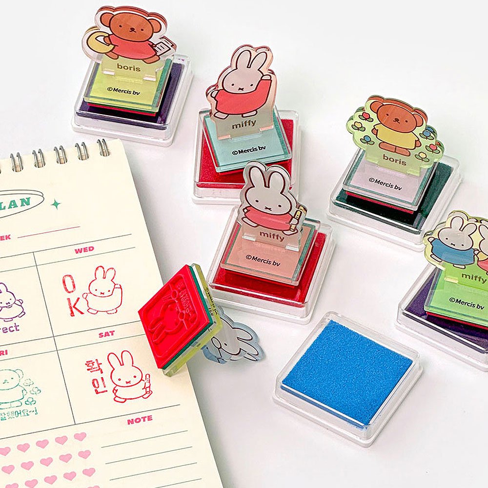 Set of cute Miffy and Boris character stamps with ink pads on a white surface