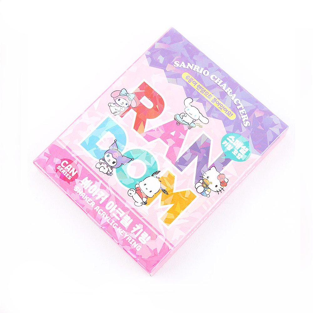 Sanrio character-themed product packaging with colorful letters and cartoon characters on a white background.