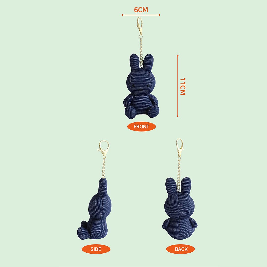 Navy denim blue plush miffy keychain shown from front, side, and back with measurements on a light green background.