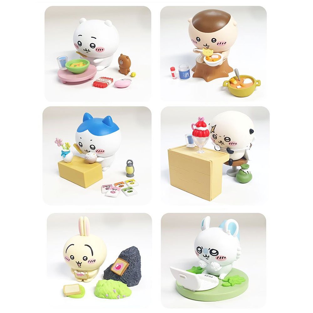 Chiikawa, Hachiware ,Usagi , Kuri-Manju ,Momonga and Rakko figurines with various poses and accessories on a white background