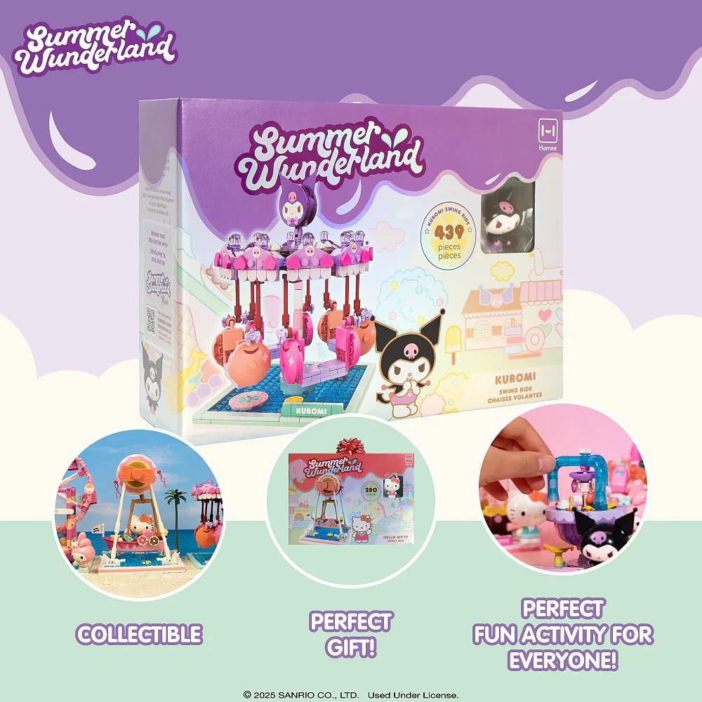 Summer Wunderland Kuromi toy set packaging with colorful illustrations and text on a light purple background.
