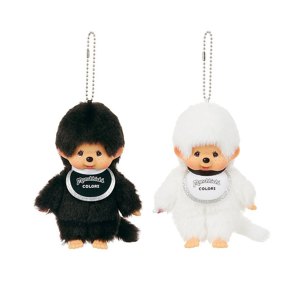Monchhichi COLORS series keychain dolls featuring fluffy black and white outfits
