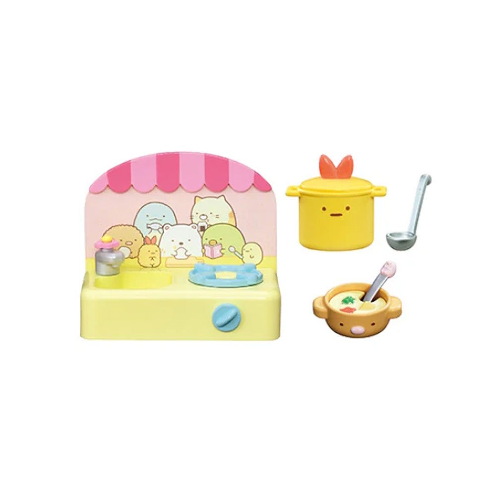 Set of Sumikko kitchen items including a stove, pots, and utensils on a white background
