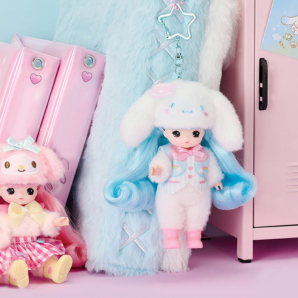 Cinnamoroll Little Mimi doll with fluffy white and blue hair in front of a pink locker.