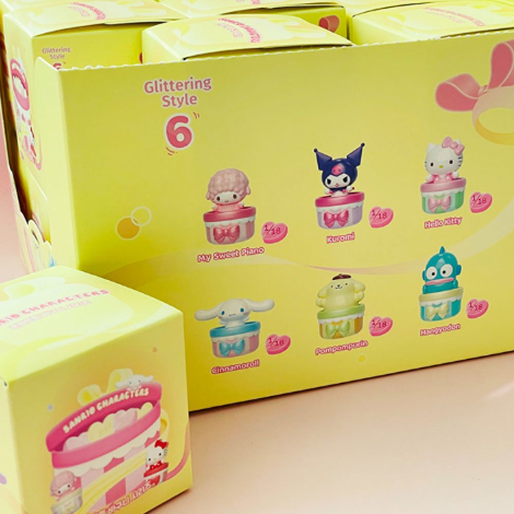 Yellow packaging box with Sanrio characters and product images on a pink background