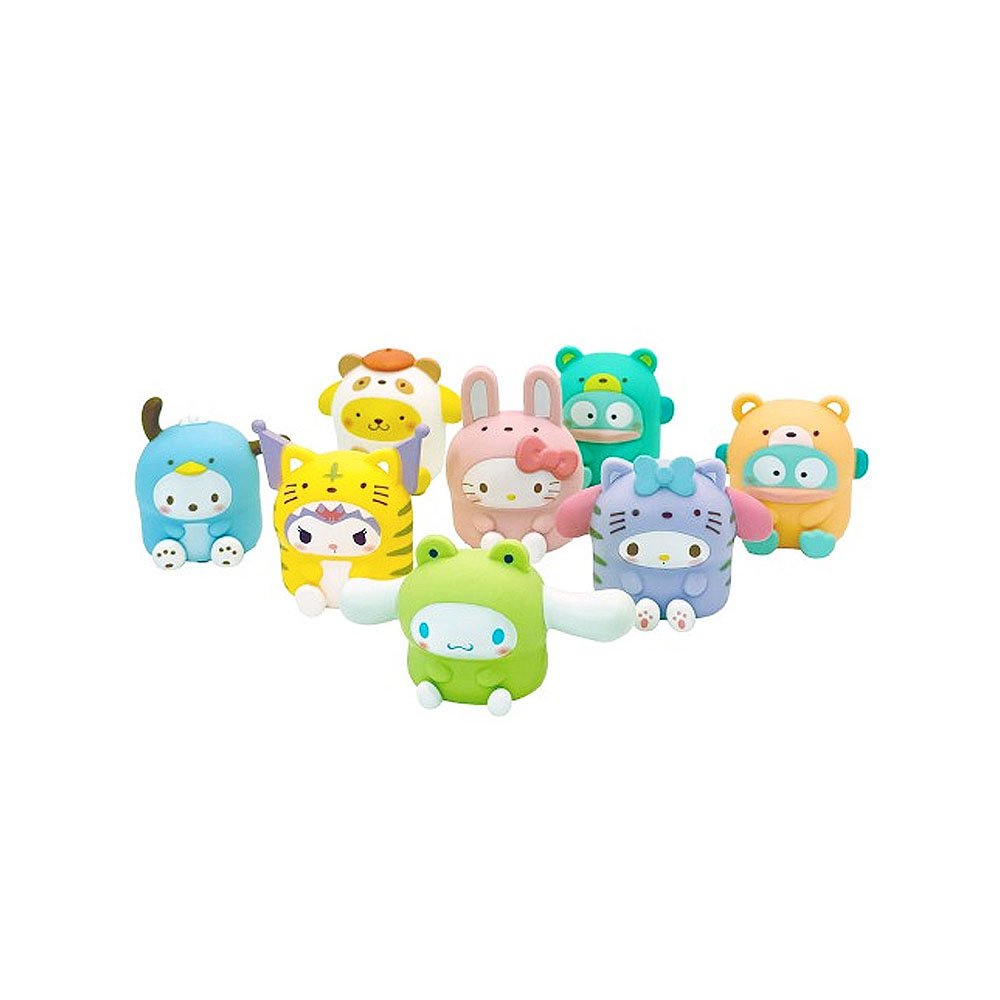 Set of colorful animal-themed Sanrio Figure toys on a white background