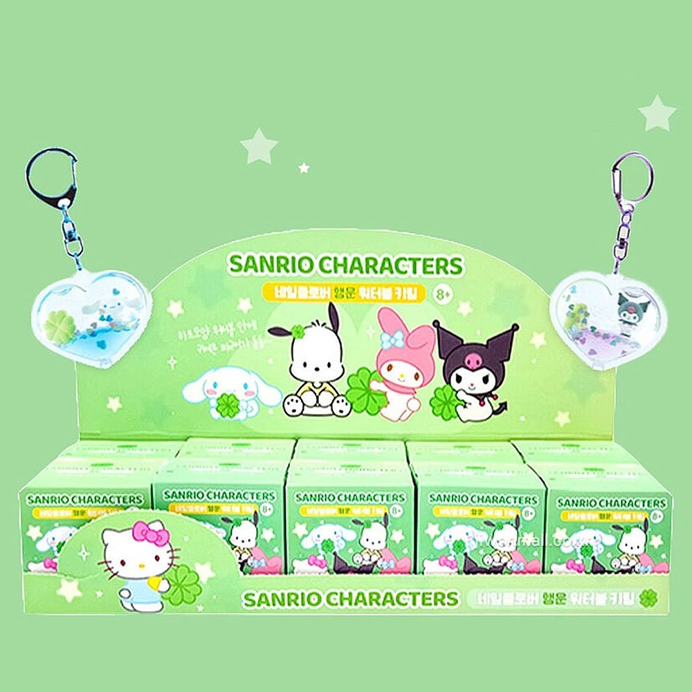 Display of Sanrio character-themed products on a green background