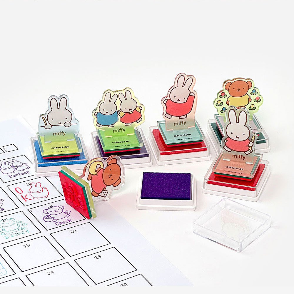 Set of colorful Miffy and Boris stampers with cartoon characters on a white background