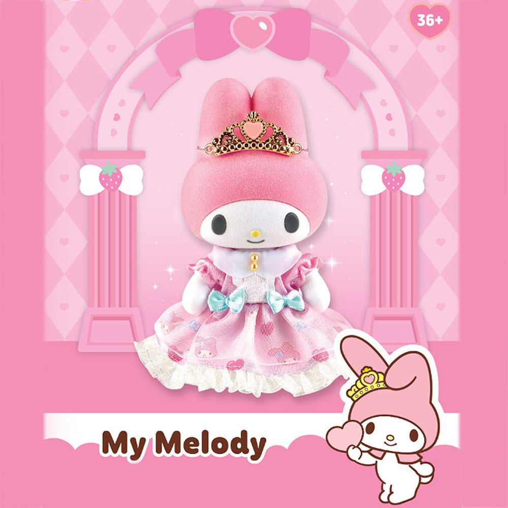 An image of Sanrio My Melody Flocky Doll, a plush toy with intricate lace details, a removable outfit, and a sparkling tiara. The doll is pink with white and blue accents and is posed in a sitting position with a small 'My Melody' text and a heart symbol at the bottom.