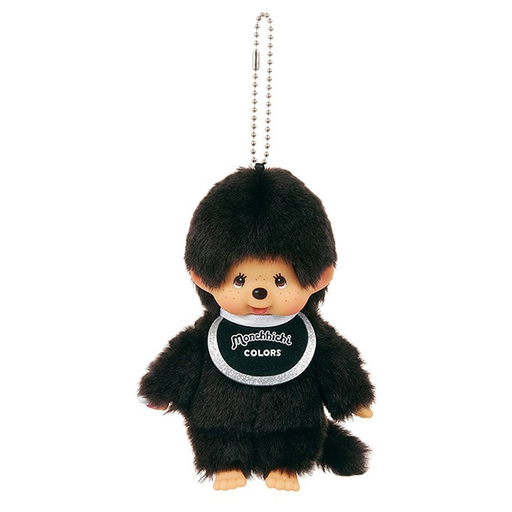 Black monkey plush keychain with 'Monschá' branding on a white background