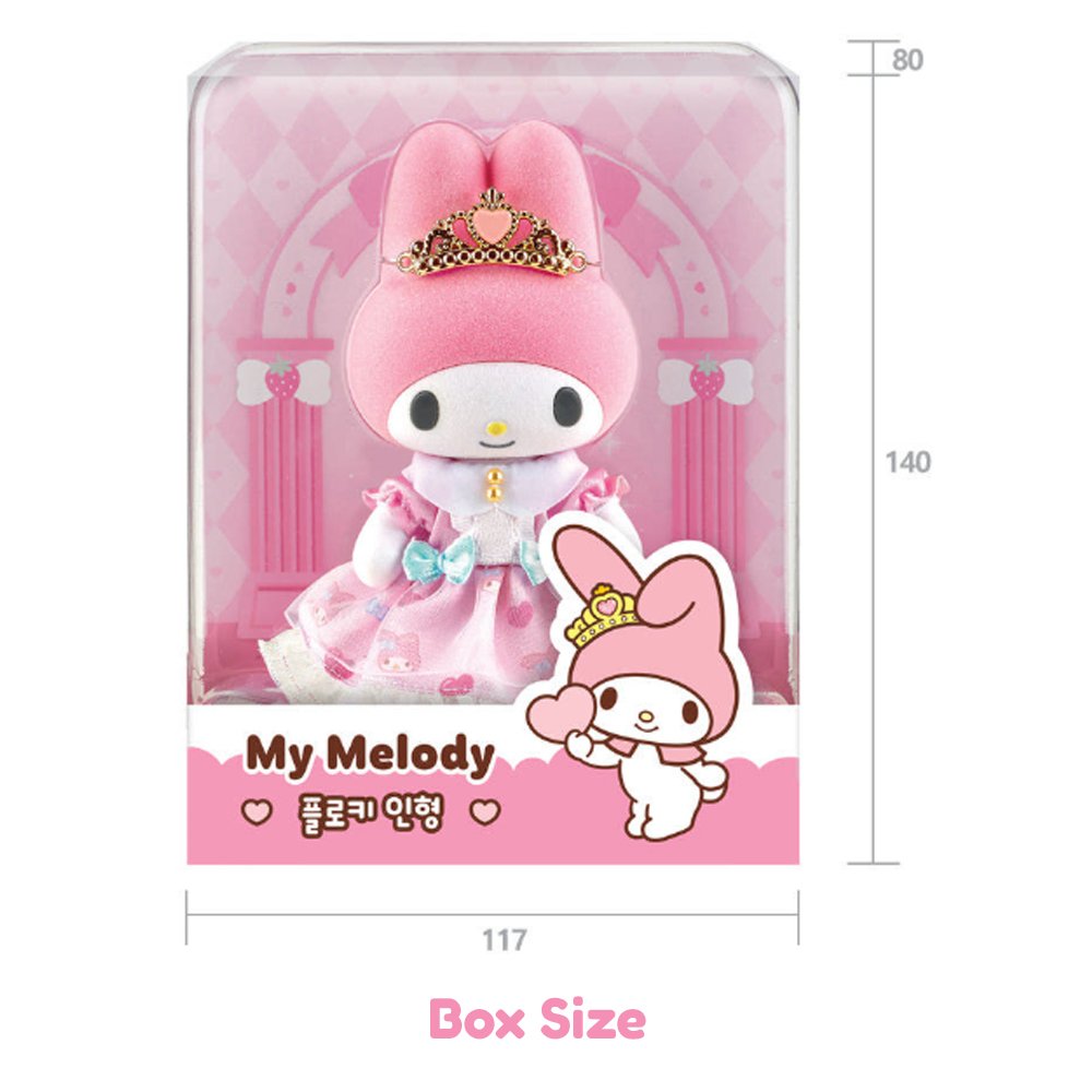 Sanrio My Melody Flocky Doll, a plush toy with intricate lace details, a removable outfit, and a sparkling tiara. The doll is pink with white and blue accents and is posed in a sitting position