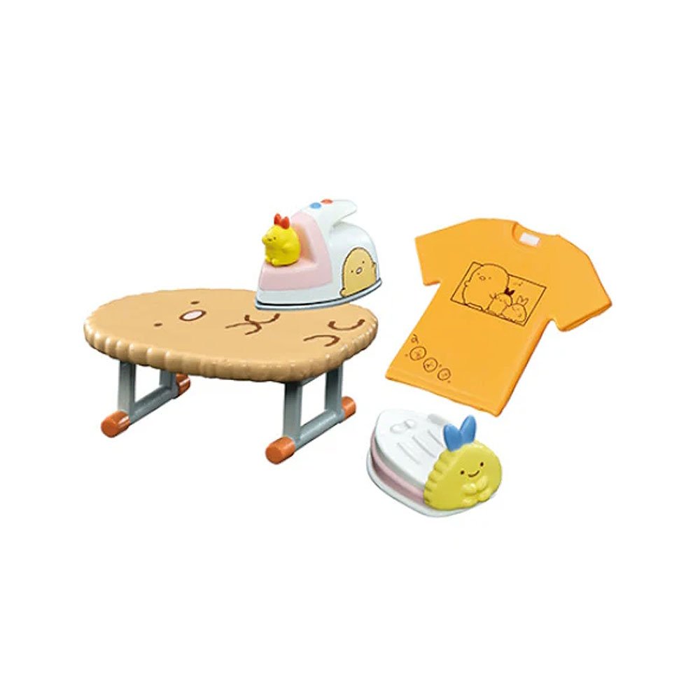 Sumikko Set of small furniture items and a t-shirt with cartoon character design on a white background
